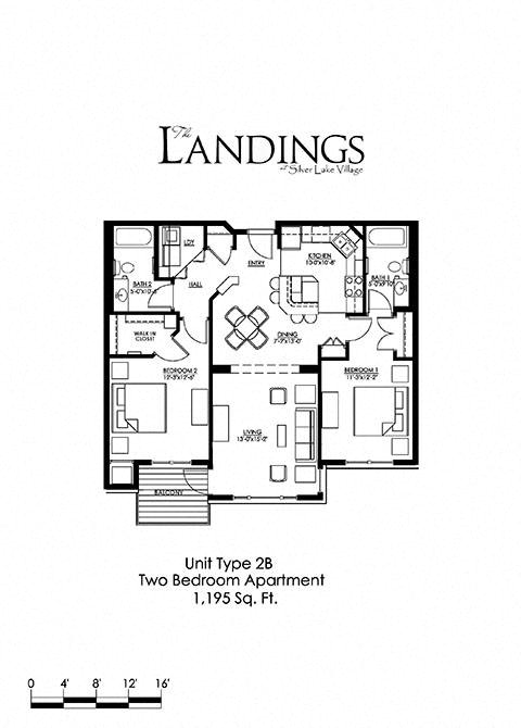 Floor plan for 2 beds, 2 baths, 1195 sqft